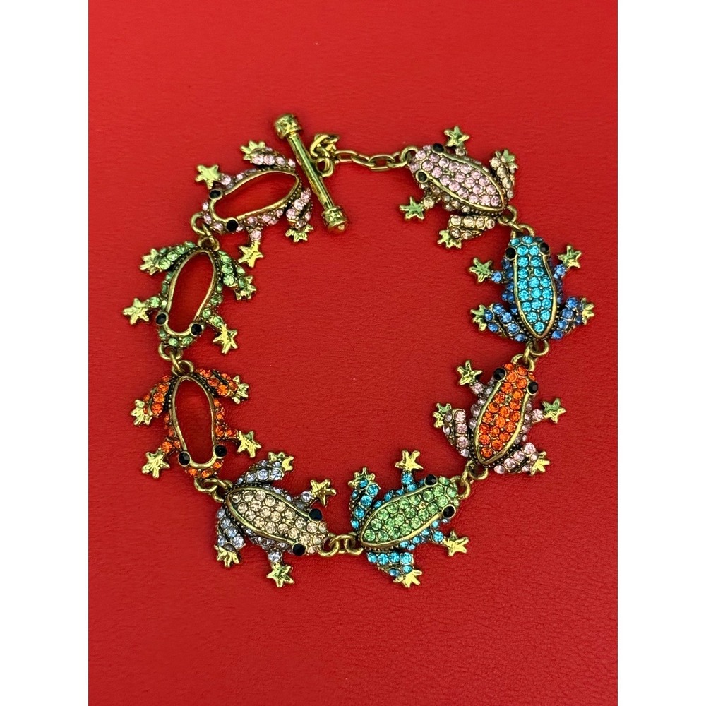 Whimsical Multi Colored Crystal Frog Toggle Chain Bracelet Cottagecore Jewelry